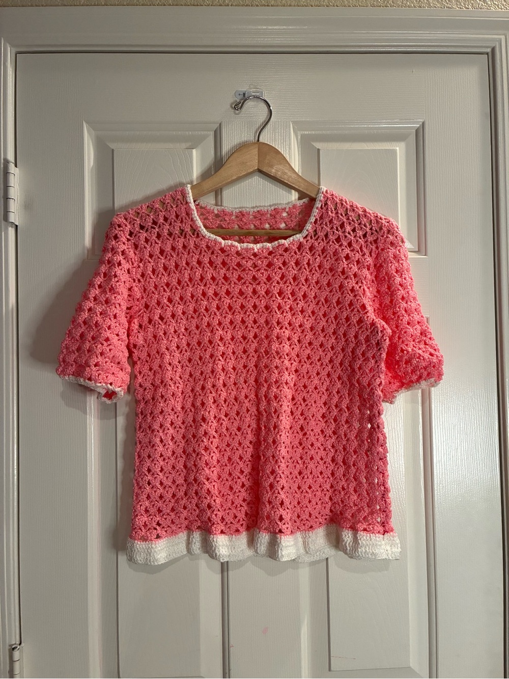 Women's Pink Crochet Short-Sleeve Knit Top with White Trim